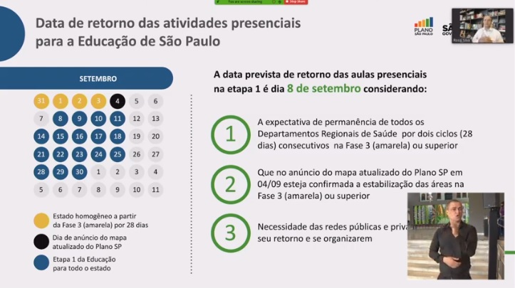Aulas presenciais no Estado voltam em setembro