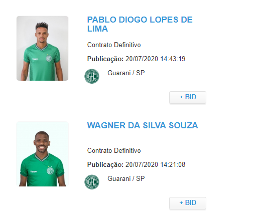 Guarani registra no BID os jogadores Pablo e Waguininho