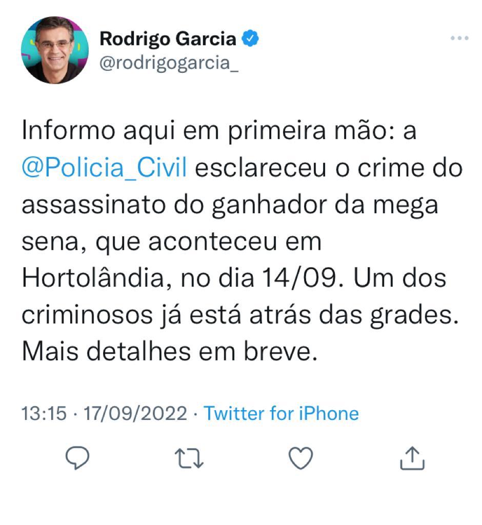 Governador de SP afirma que assassino de ganhador da Mega foi preso