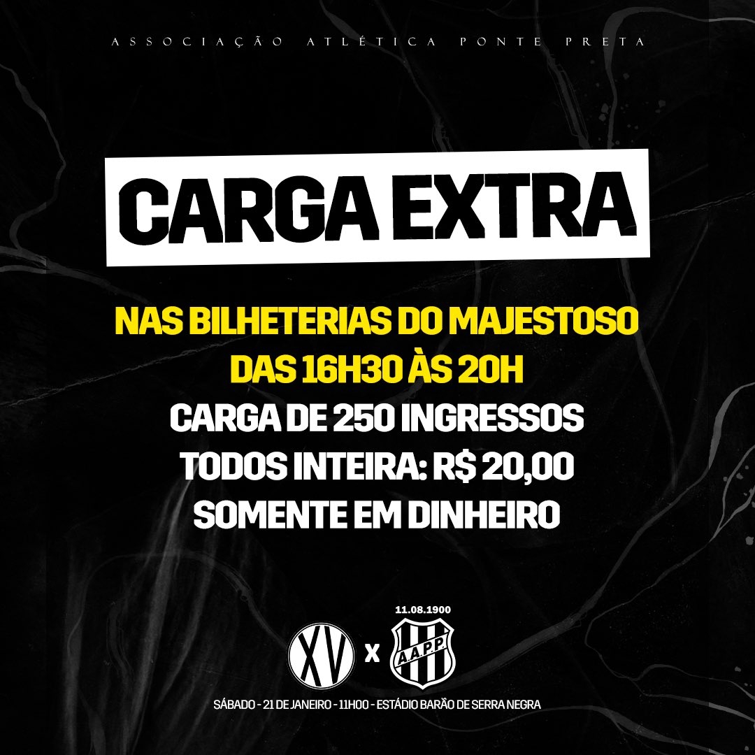 Ponte anuncia carga extra de ingressos para a partida contra o XV