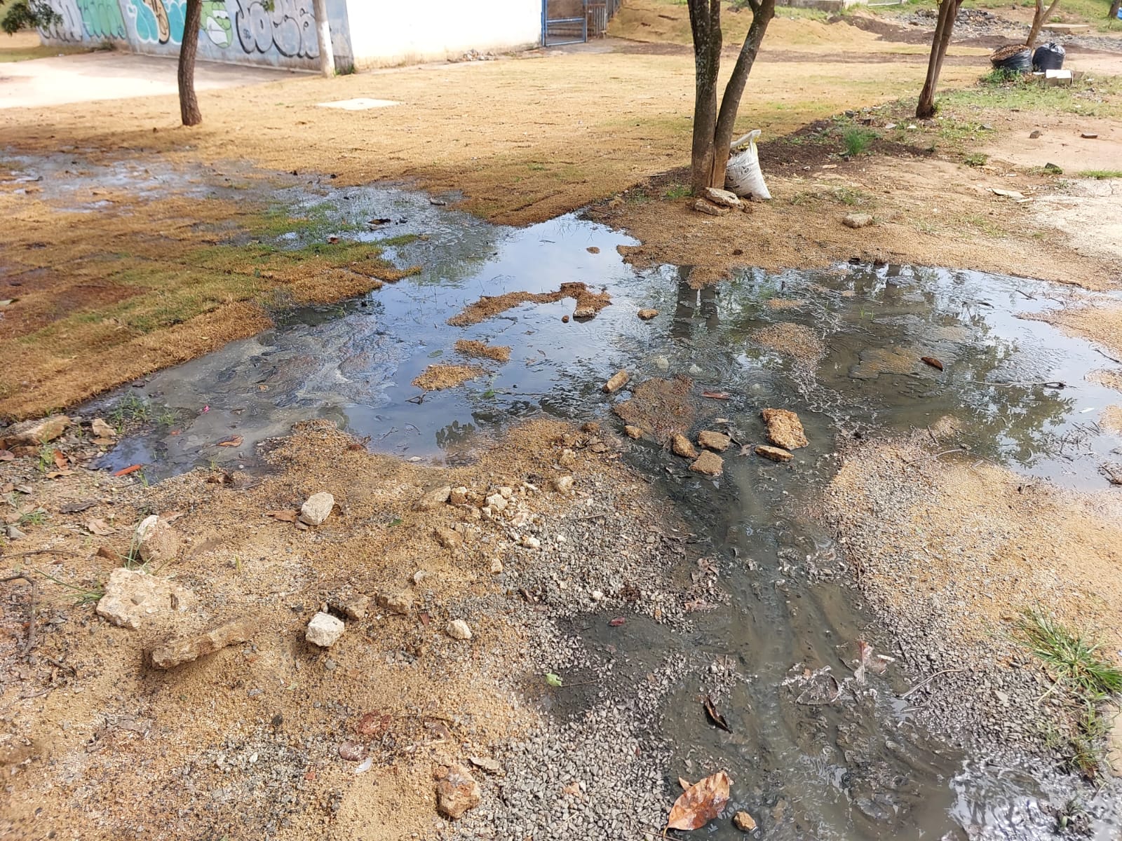 Prefeitura conserta brinquedos, mas esgoto impede uso de espaço em praça