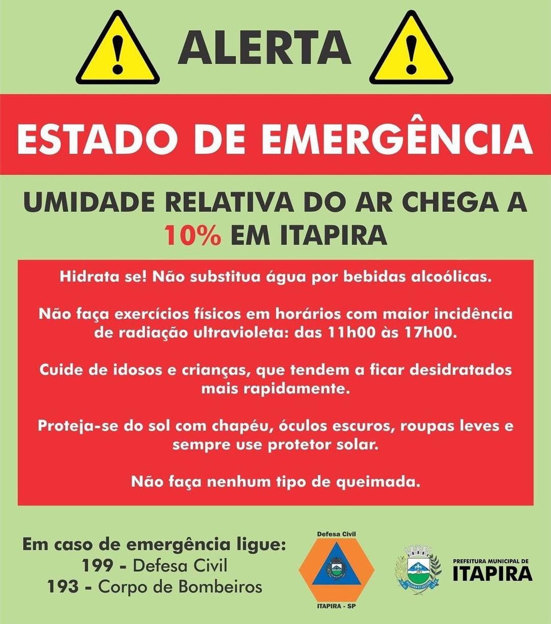 Itapira atinge 10% de umidade do ar e entra em Estado de Emergência 