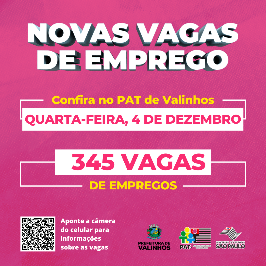 PAT de Valinhos abre inscrições para 345 vagas de emprego