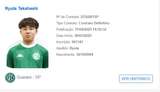 Ryuta Takahashi é regularizado e fica à disposição para estreia do Guarani na Série C