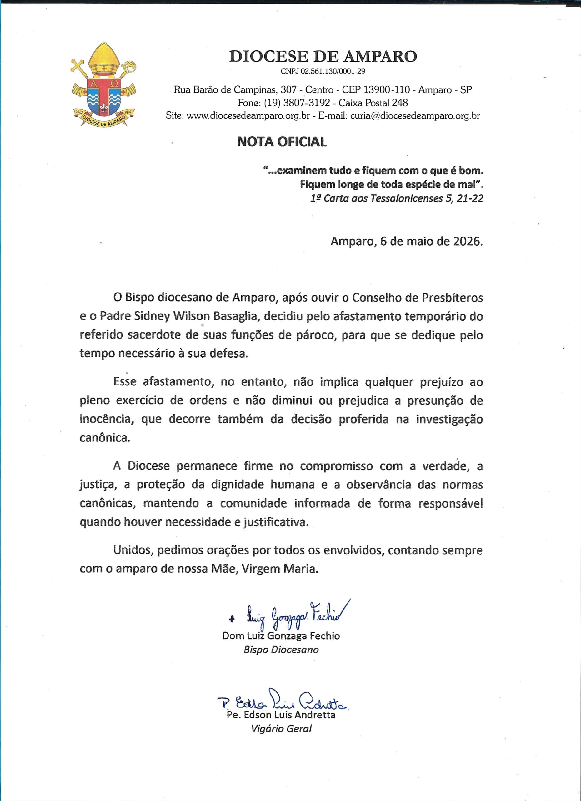 Diocese comunica afastamento de padre condenado por abuso sexual de coroinha em Serra Negra